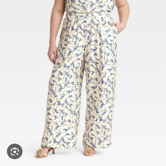 a new day Pants - a new day Cream and Blue Floral Wide-Leg Pants